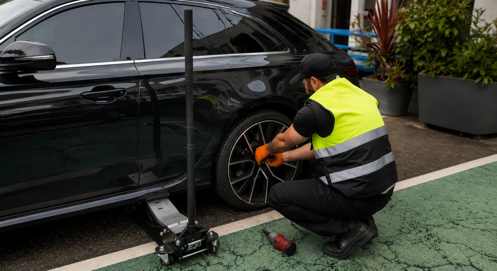 Mobile tyre technician in high-visibility vest fitting a new tyre on a jacked-up car